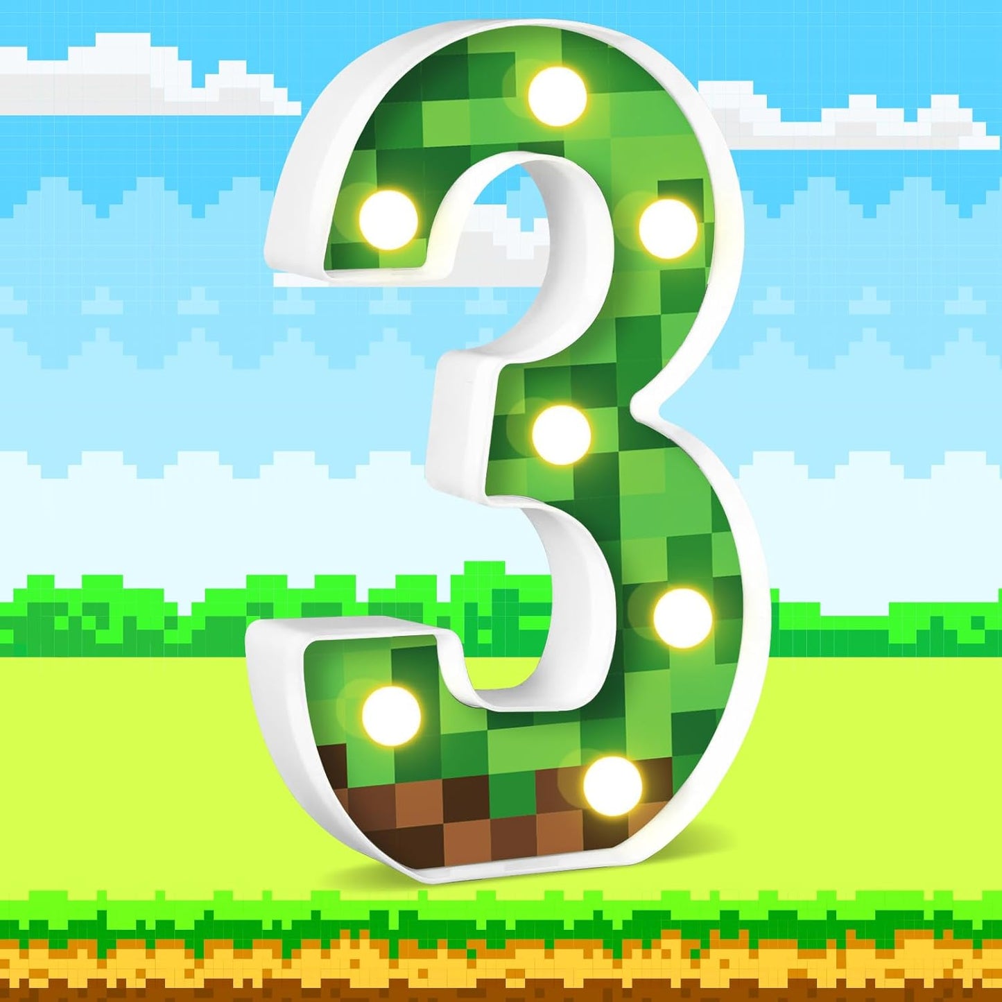 8.5" Pixel Game Theme Light-Up Number 3 Birthday Decorations - Happy Birthday Sign, Night Light, Party Supplies