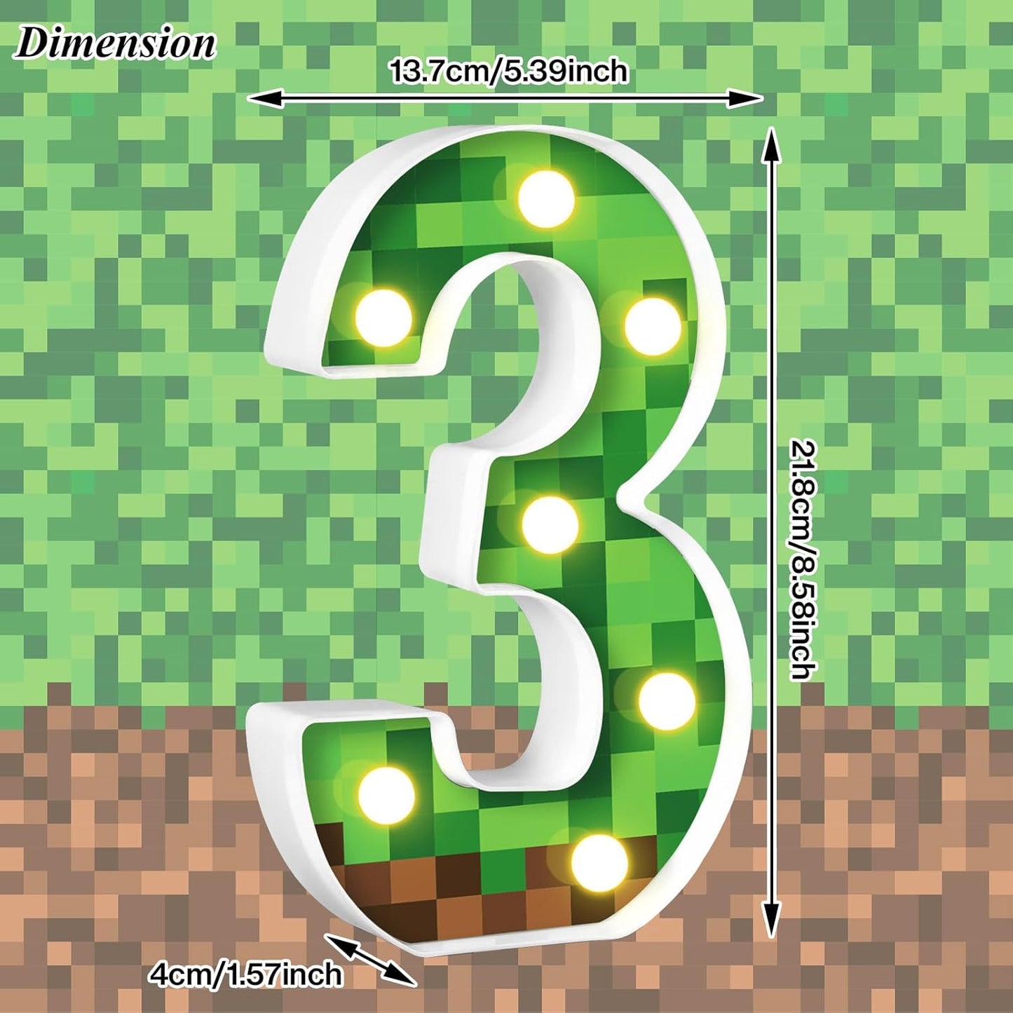 8.5" Pixel Game Theme Light-Up Number 3 Birthday Decorations - Happy Birthday Sign, Night Light, Party Supplies