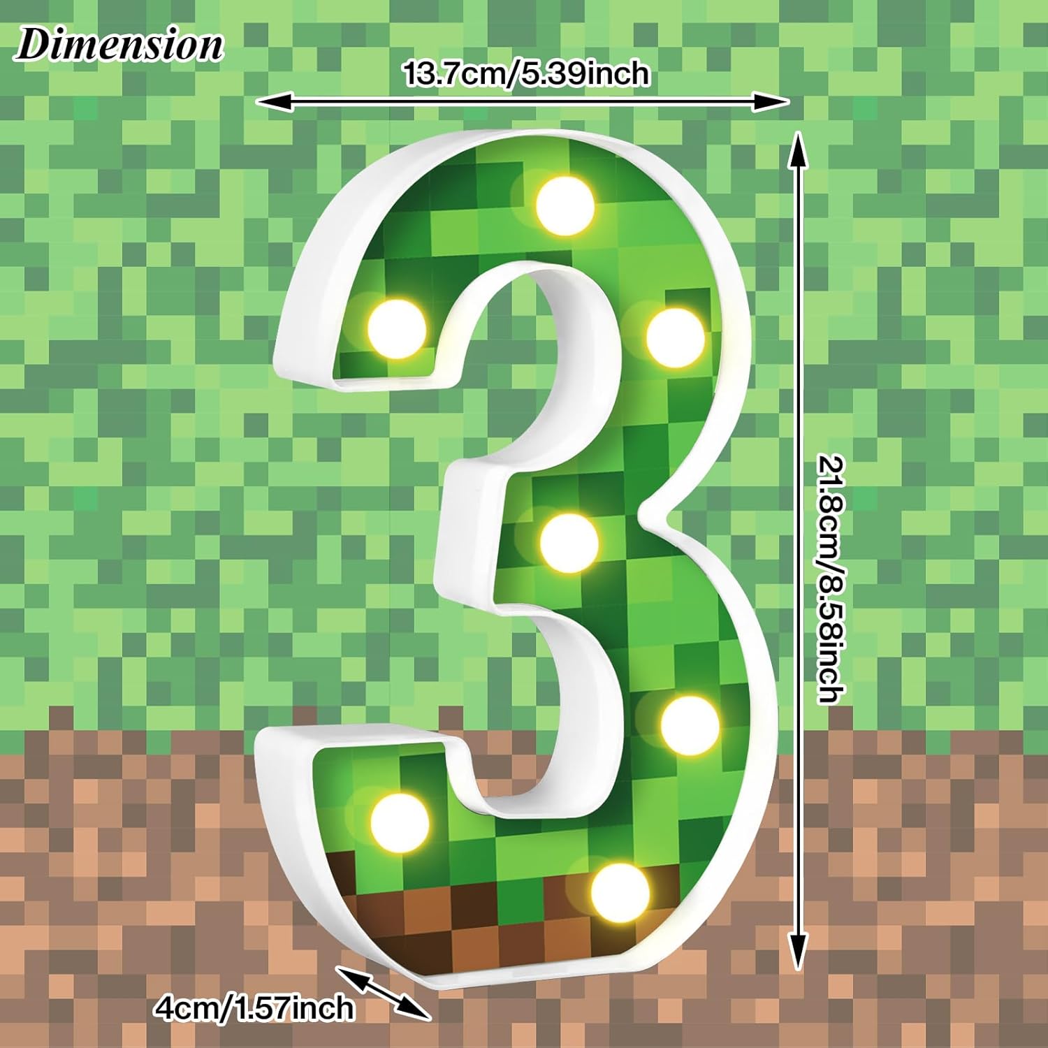 8.5" Pixel Game Theme Light-Up Number 3 Birthday Decorations - Happy Birthday Sign, Night Light, Party Supplies