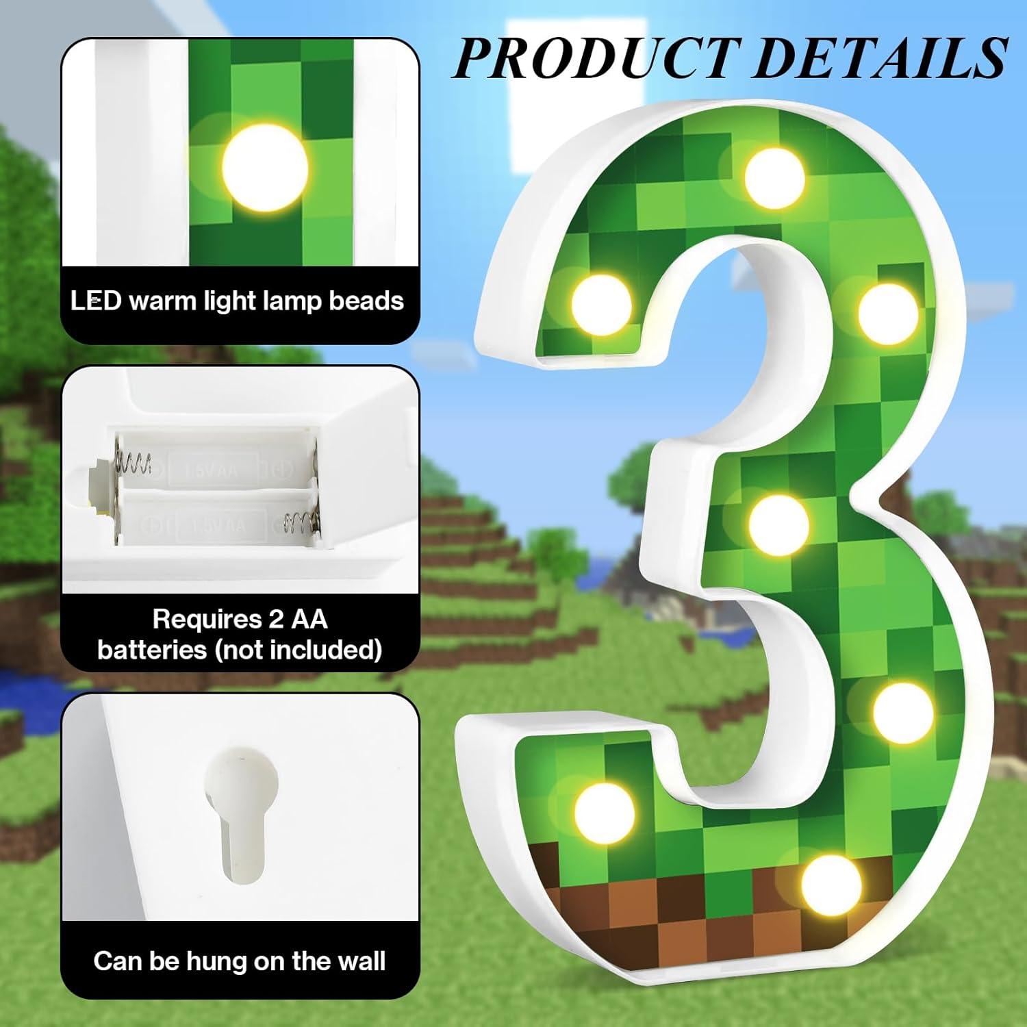 8.5" Pixel Game Theme Light-Up Number 3 Birthday Decorations - Happy Birthday Sign, Night Light, Party Supplies