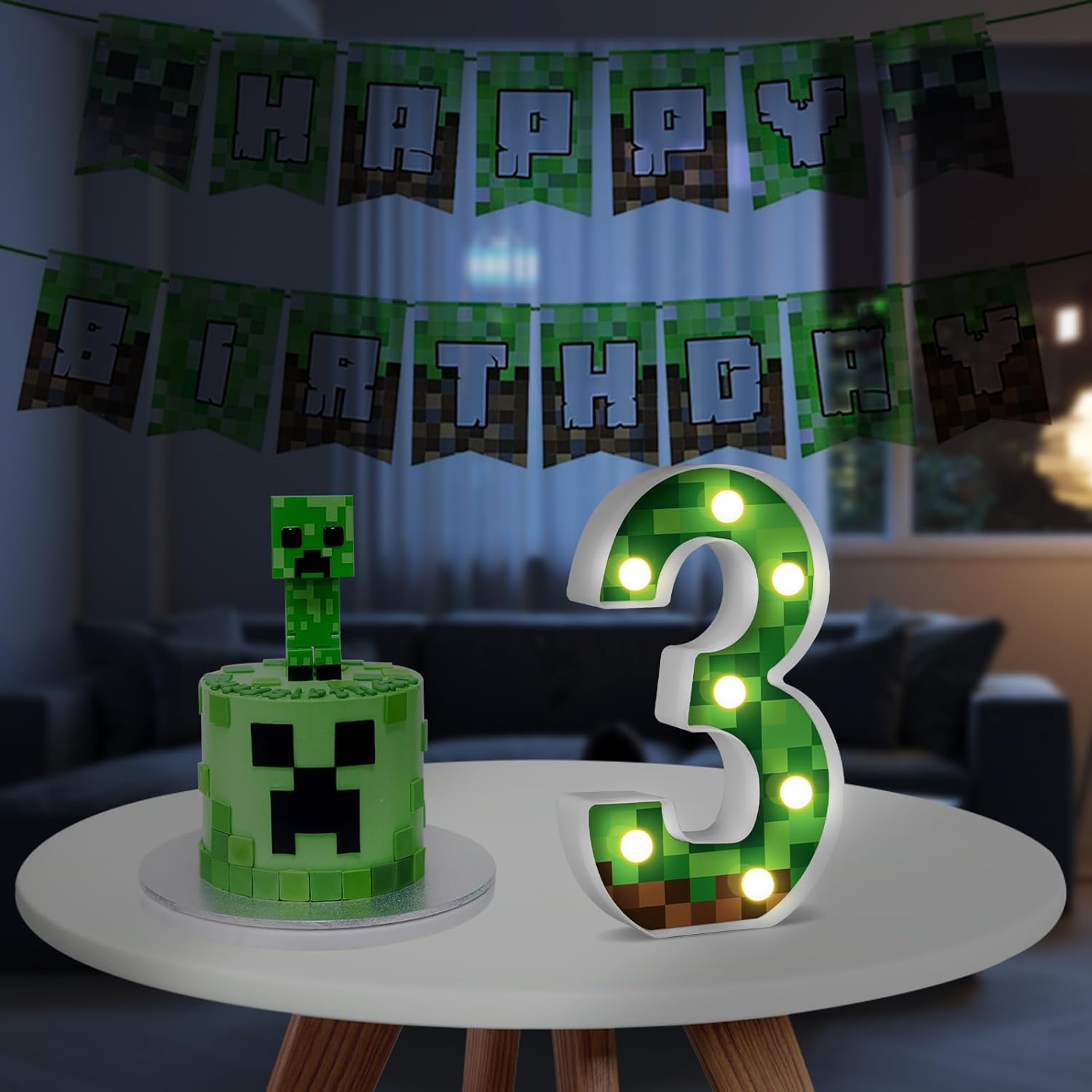 8.5" Pixel Game Theme Light-Up Number 3 Birthday Decorations - Happy Birthday Sign, Night Light, Party Supplies