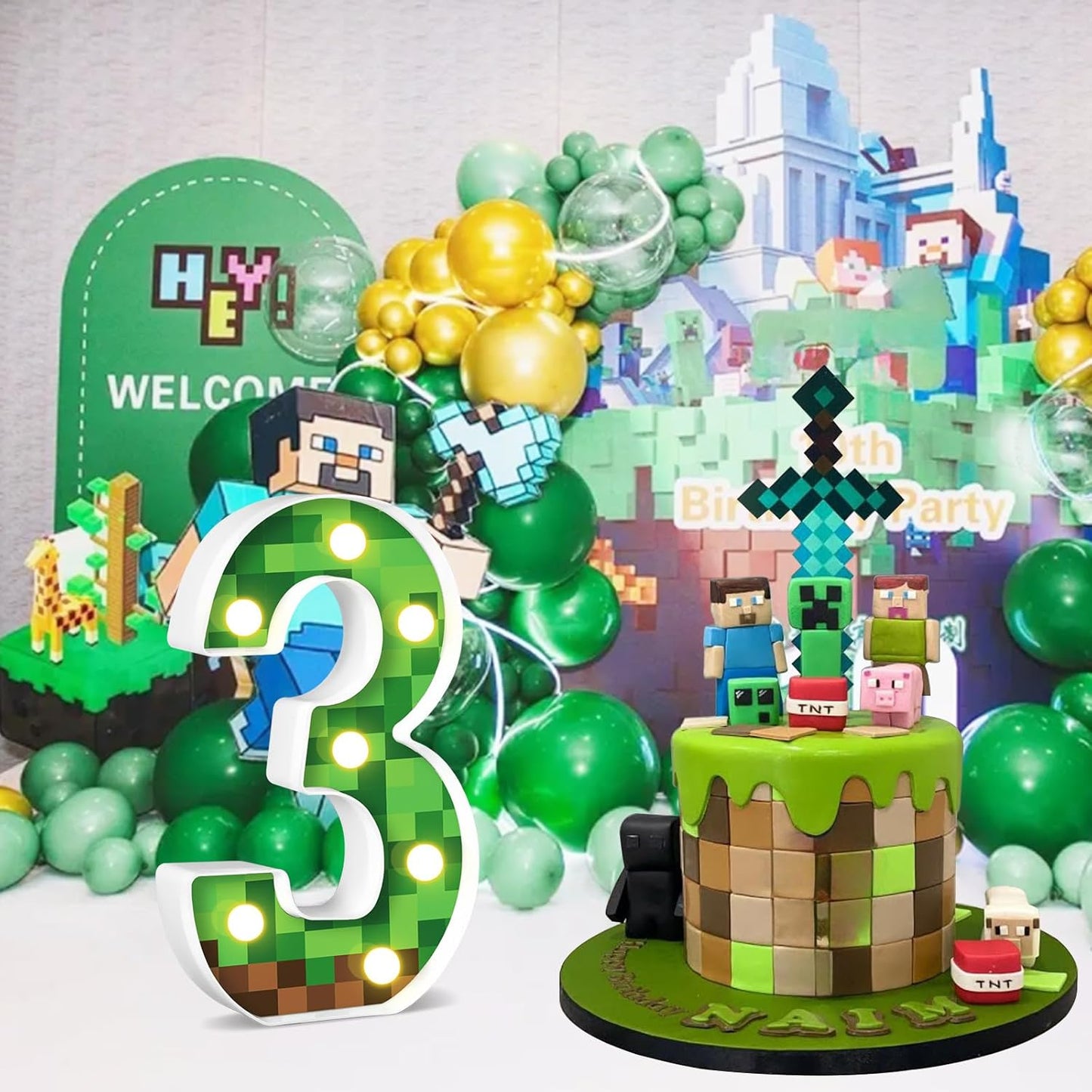 8.5" Pixel Game Theme Light-Up Number 3 Birthday Decorations - Happy Birthday Sign, Night Light, Party Supplies