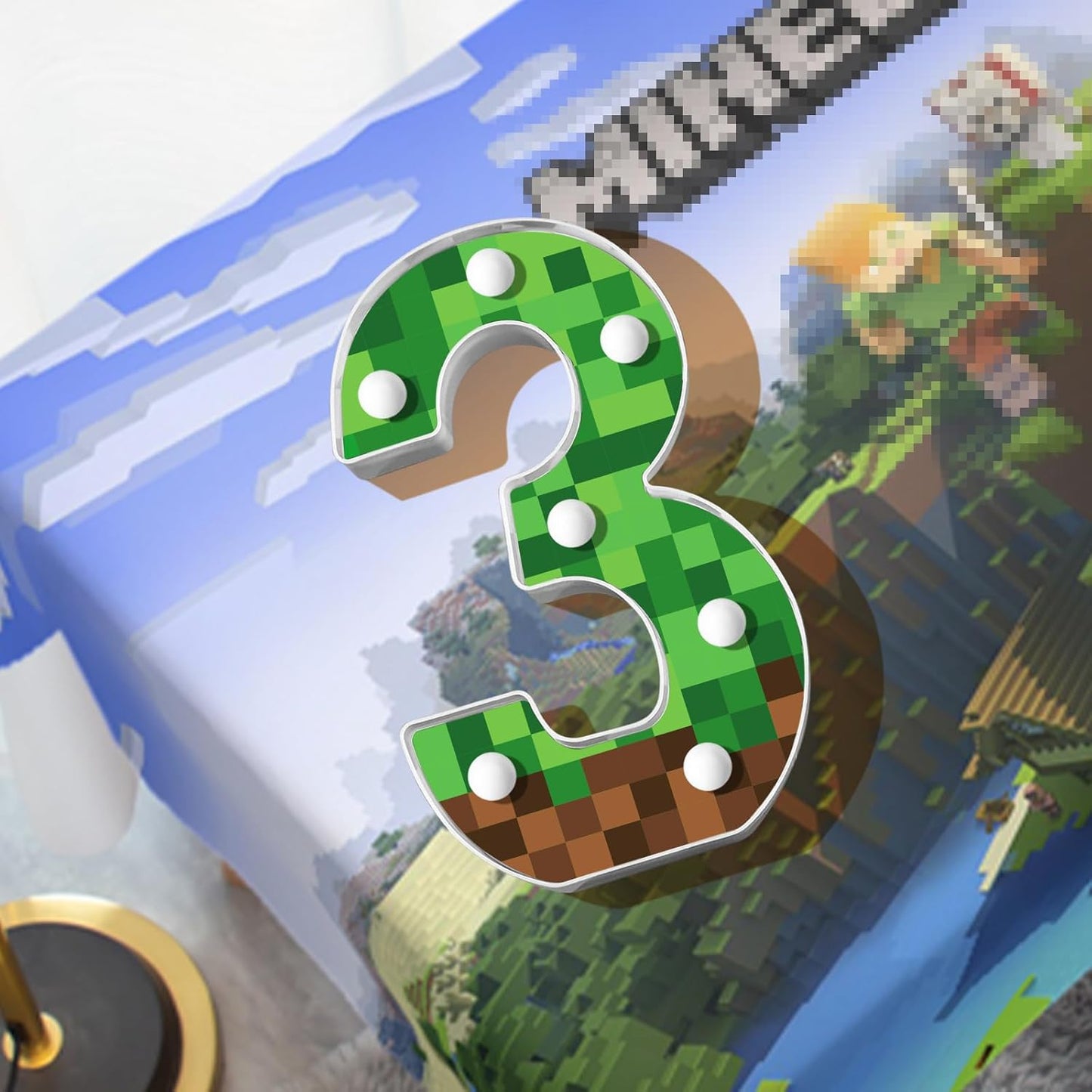 8.5" Pixel Game Theme Light-Up Number 3 Birthday Decorations - Happy Birthday Sign, Night Light, Party Supplies