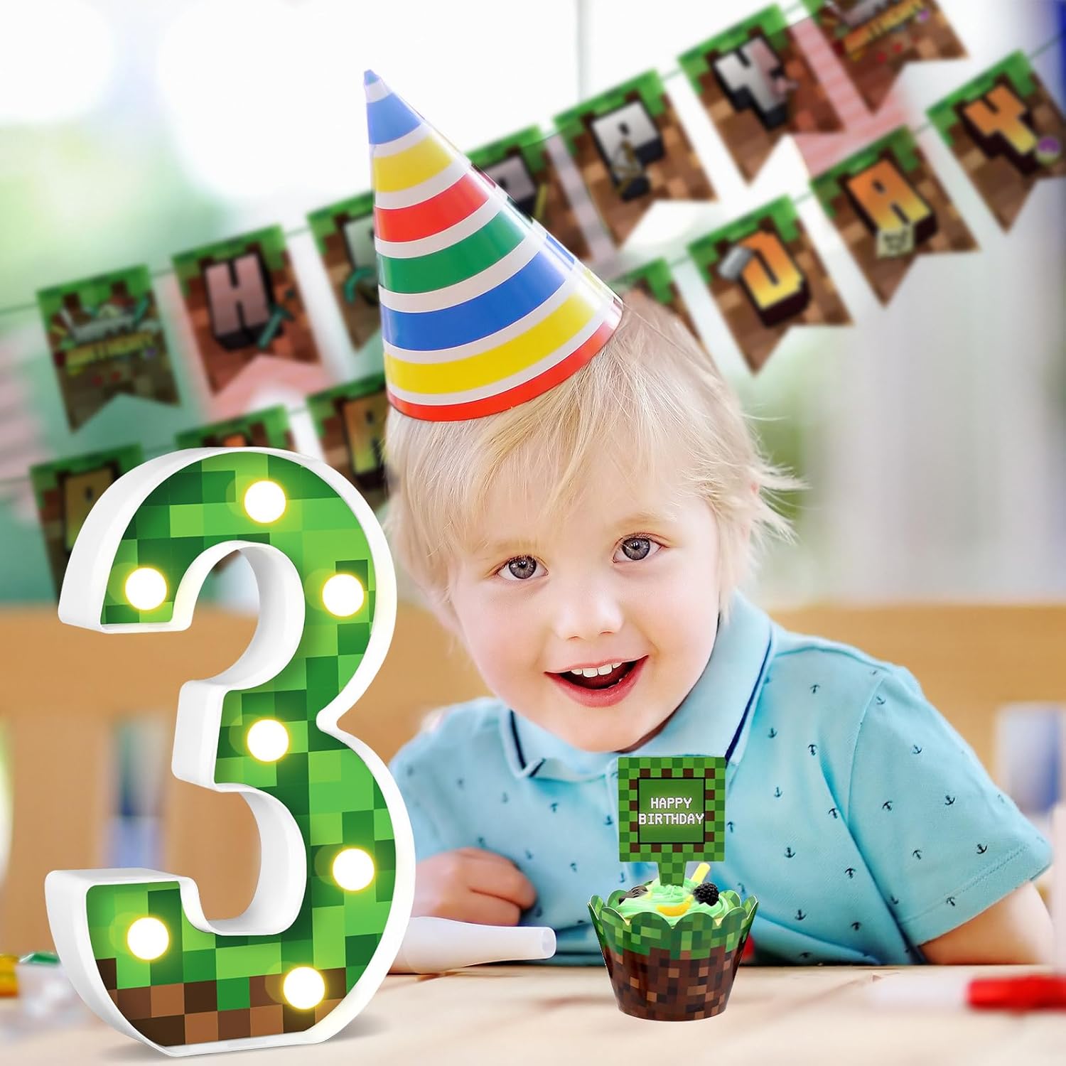 8.5" Pixel Game Theme Light-Up Number 3 Birthday Decorations - Happy Birthday Sign, Night Light, Party Supplies