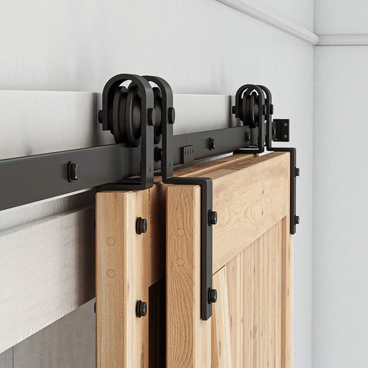 8ft Bypass Sliding Barn Door Hardware Kit for Double Wooden Doors - Single Track, Smooth & Quiet, Easy Install, Fits 84" Opening - WildKart