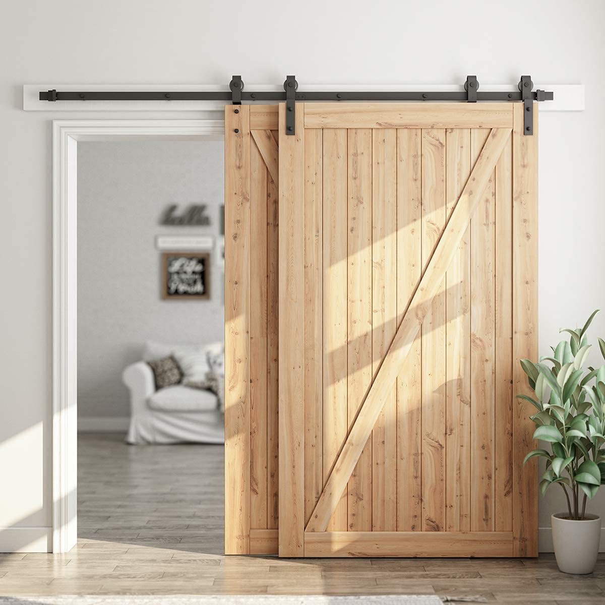 8ft Bypass Sliding Barn Door Hardware Kit for Double Wooden Doors - Single Track, Smooth & Quiet, Easy Install, Fits 84" Opening - WildKart