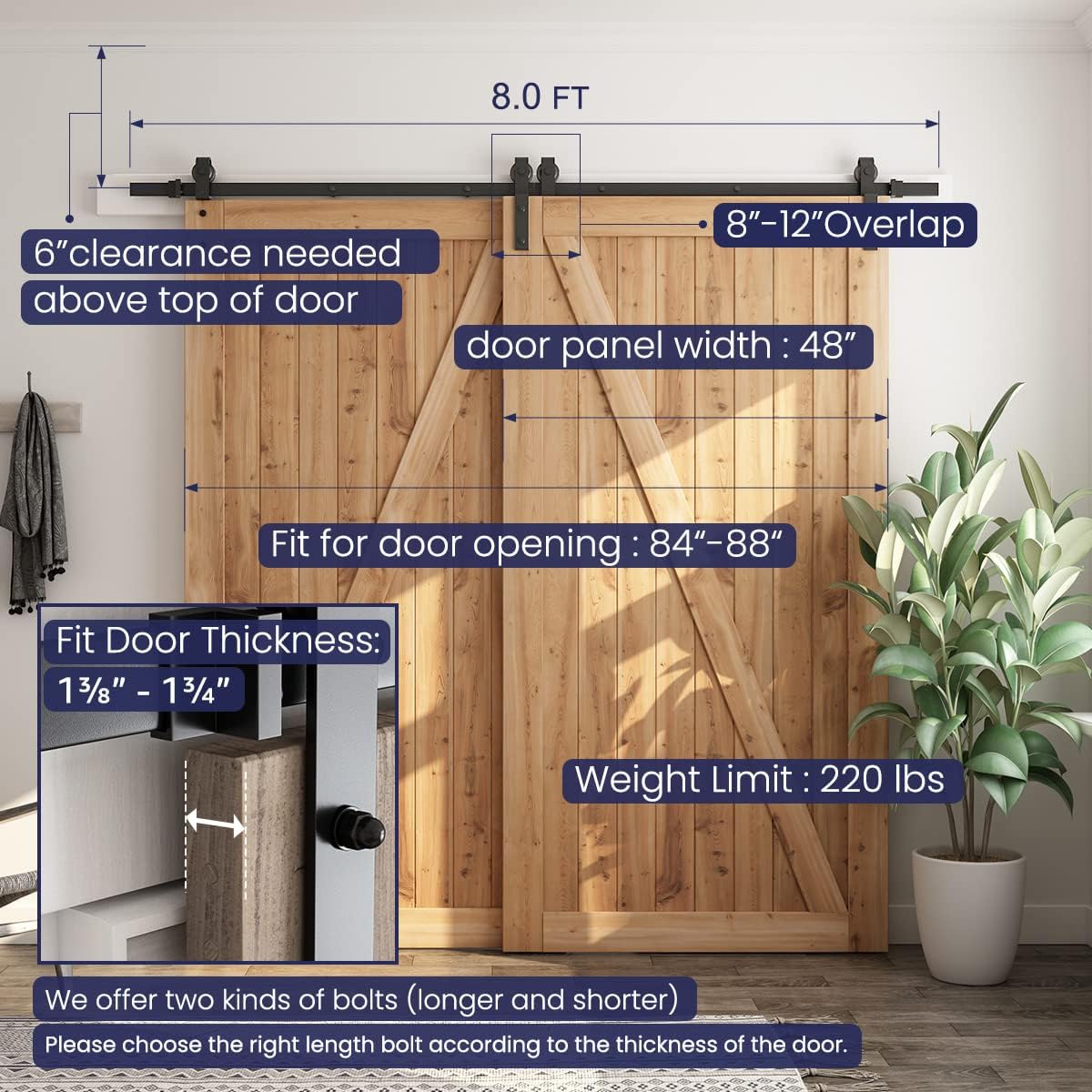 8ft Bypass Sliding Barn Door Hardware Kit for Double Wooden Doors - Single Track, Smooth & Quiet, Easy Install, Fits 84" Opening - WildKart