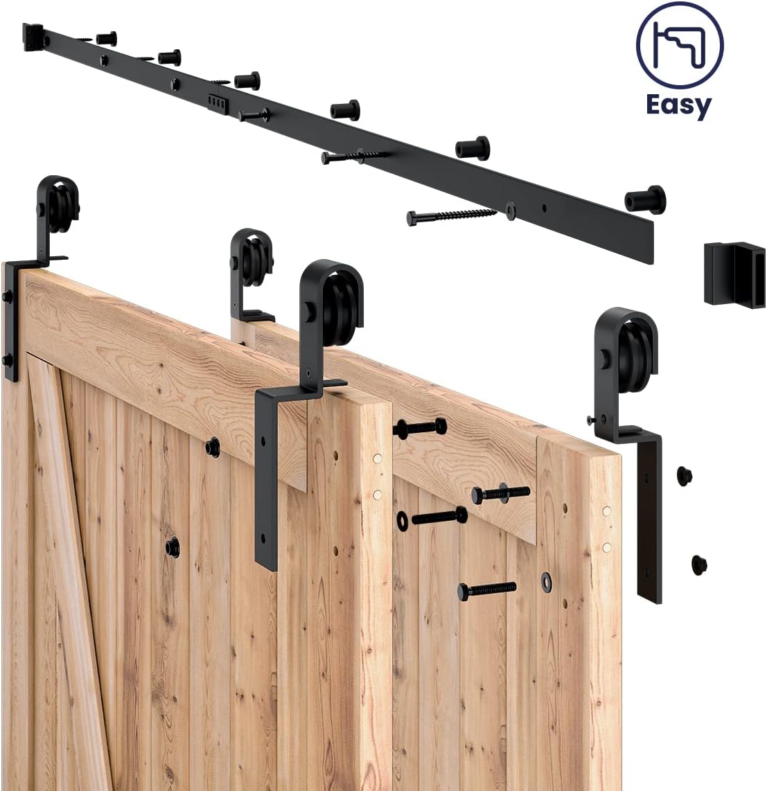 8ft Bypass Sliding Barn Door Hardware Kit for Double Wooden Doors - Single Track, Smooth & Quiet, Easy Install, Fits 84" Opening - WildKart