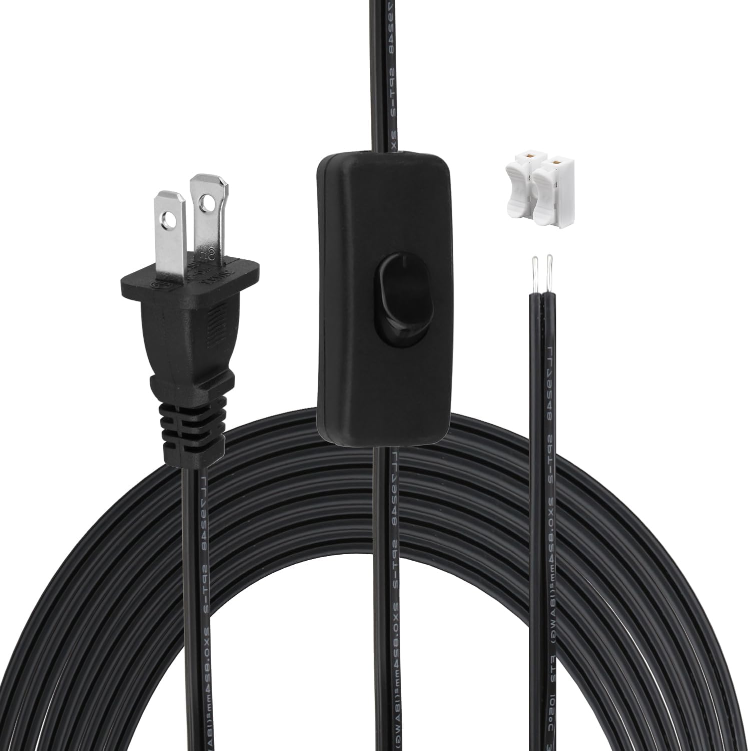 8FT Lamp Cord with Switch Replacement Set - Black 18AWG SPT-2 Wire, ON/Off Button Switches, 2 Polarized Plugs, 8 Feet - DIY Rewiring for Electrical Light Cords