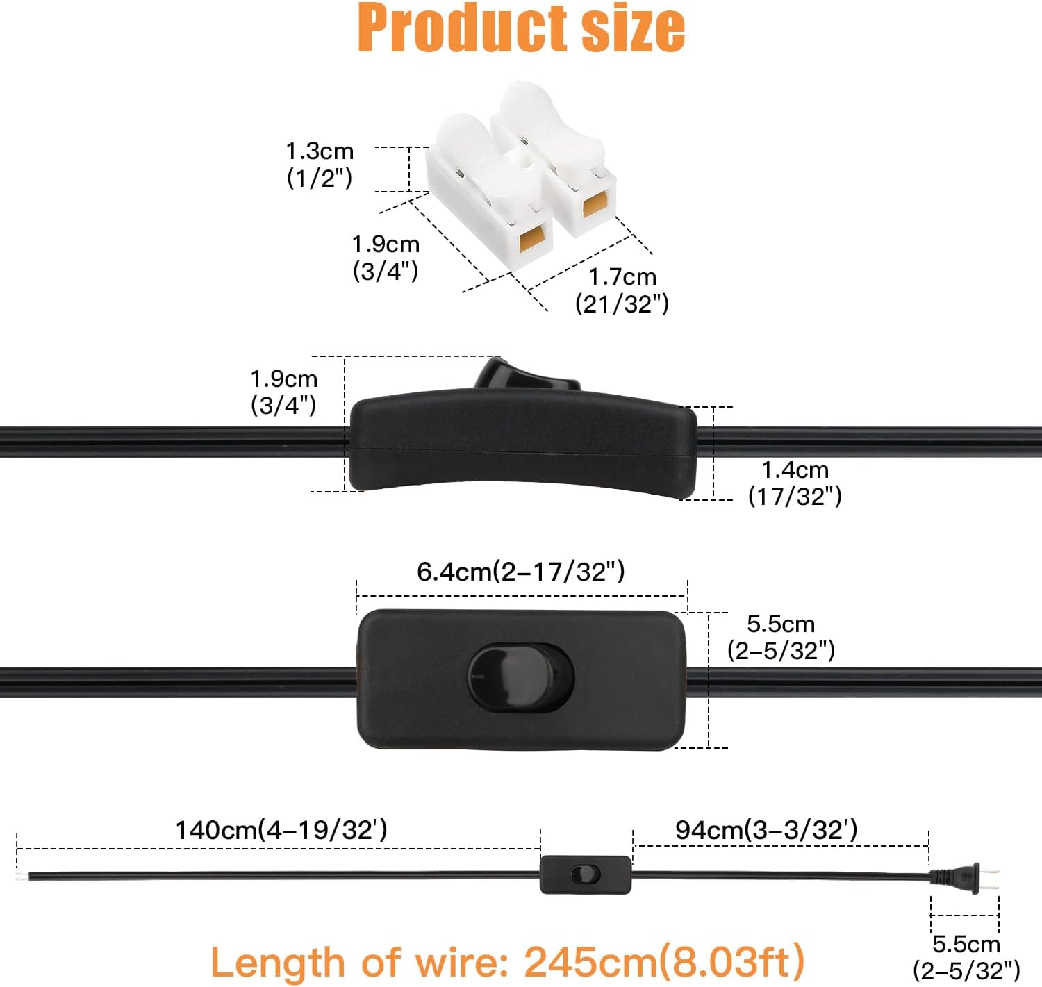 8FT Lamp Cord with Switch Replacement Set - Black 18AWG SPT-2 Wire, ON/Off Button Switches, 2 Polarized Plugs, 8 Feet - DIY Rewiring for Electrical Light Cords