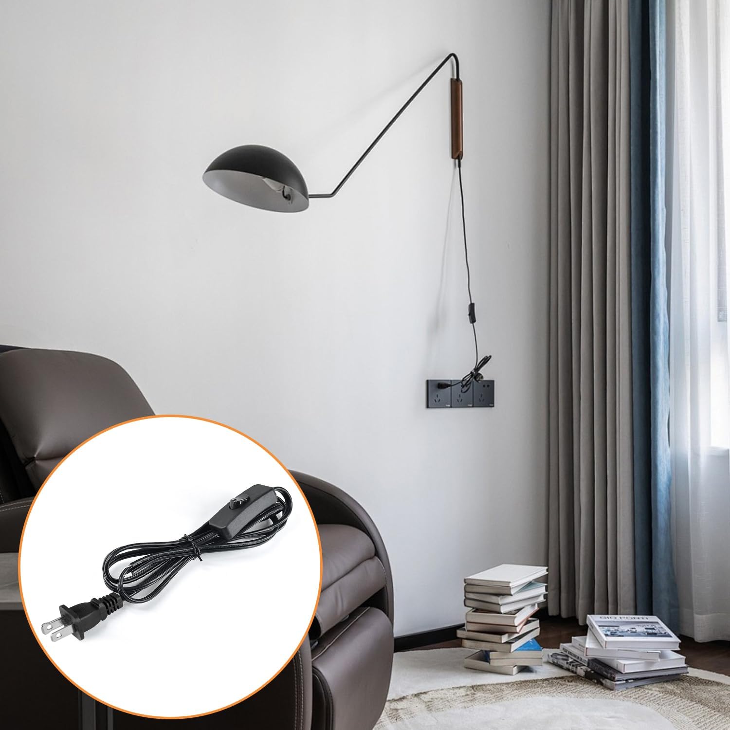 8FT Lamp Cord with Switch Replacement Set - Black 18AWG SPT-2 Wire, ON/Off Button Switches, 2 Polarized Plugs, 8 Feet - DIY Rewiring for Electrical Light Cords