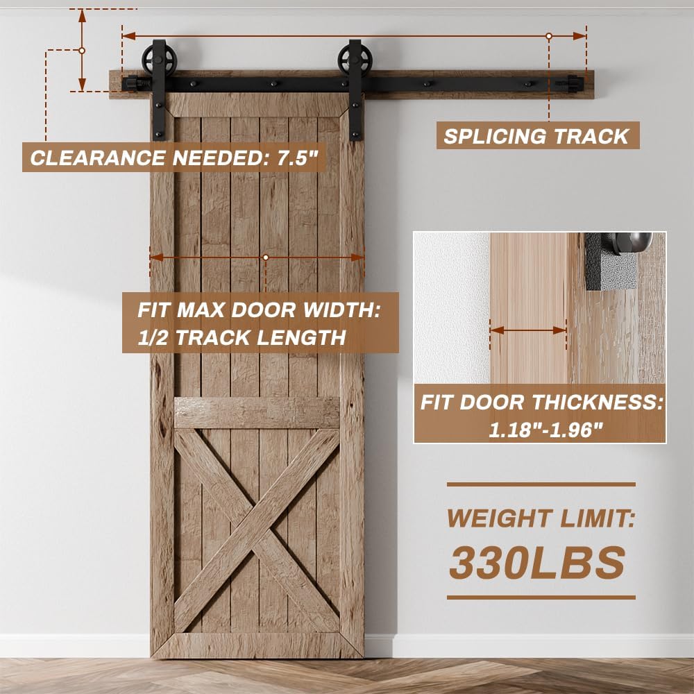 8FT Sliding Barn Door Hardware Track Kit for Single Door - Combination Track Mode, Fits 48" Wide Door Panel, Big Wheel Roller - AONAYIOA