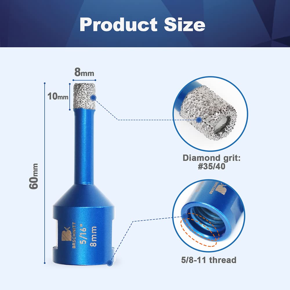 8mm 5pcs Diamond Core Drill Bit Set for Porcelain Tile Ceramic Marble Granite, BRSCHNITT Vacuum Brazed Hole Saw with 5/8-11 Thread - 5/16 Inch