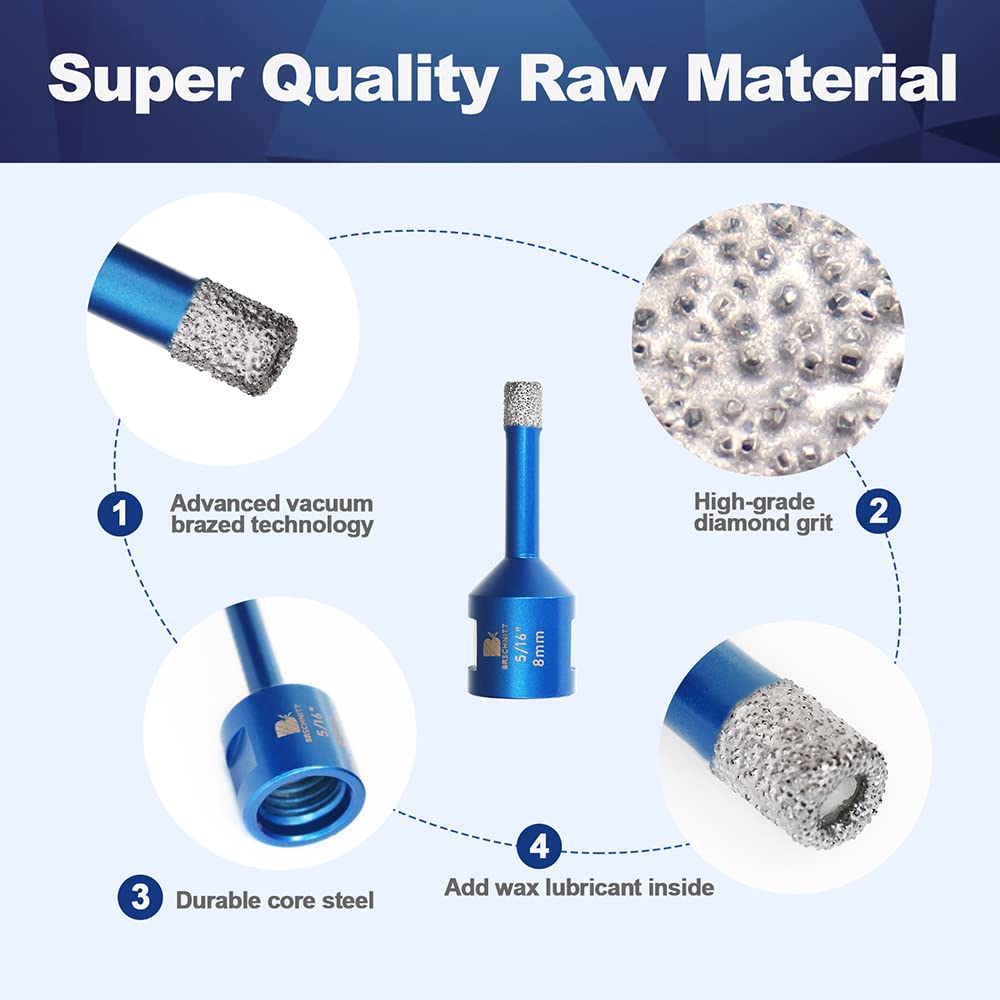 8mm 5pcs Diamond Core Drill Bit Set for Porcelain Tile Ceramic Marble Granite, BRSCHNITT Vacuum Brazed Hole Saw with 5/8-11 Thread - 5/16 Inch