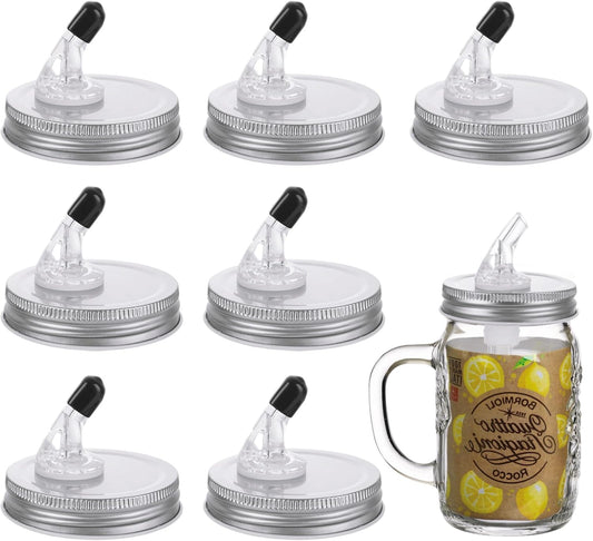 8PCS 70mm Regular Mouth Mason Jar Pour Spouts with Flap - Metal Lids for Moonshine, Whiskey, Cocktail