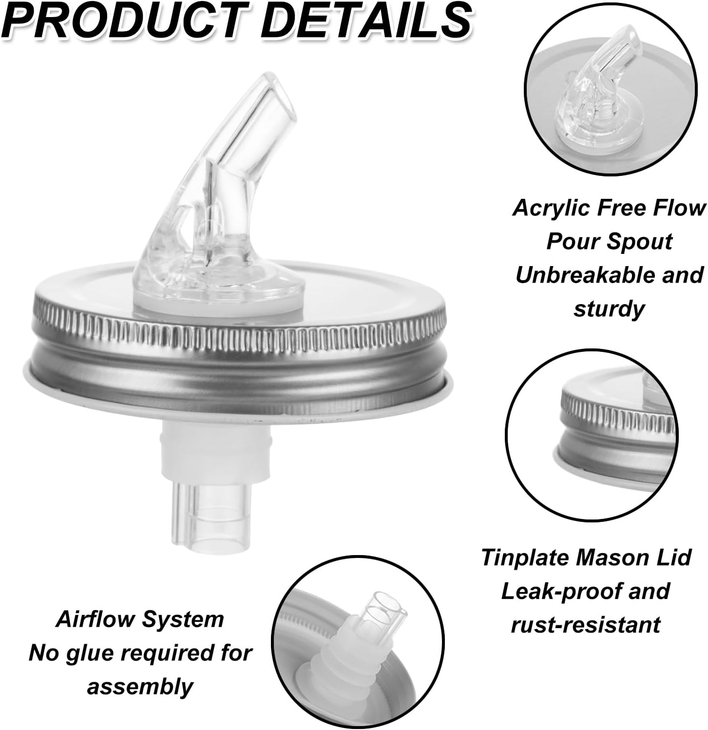 8PCS 70mm Regular Mouth Mason Jar Pour Spouts with Flap - Metal Lids for Moonshine, Whiskey, Cocktail