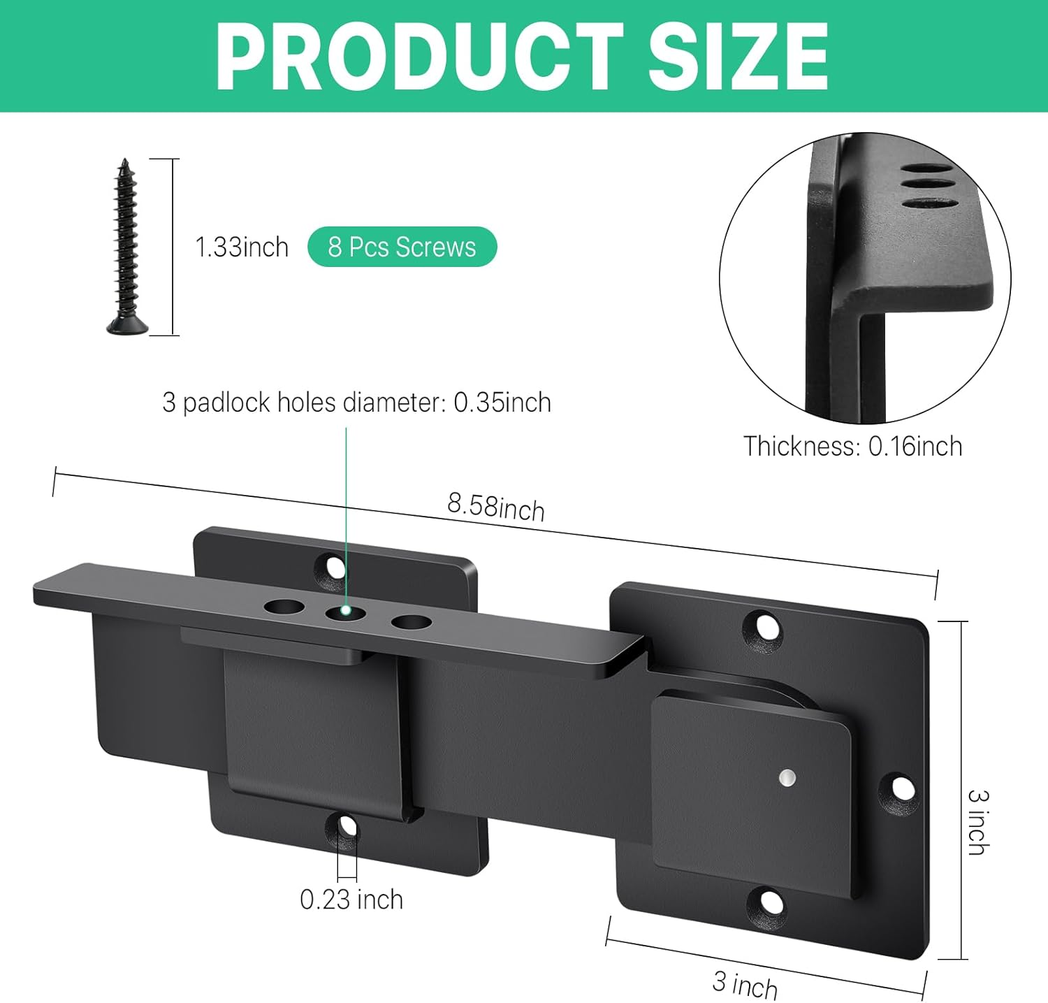 9" Flip Gate Latch Lock with 3 Padlock Hole, Heavy Duty Aluminum Alloy Barn Door Lock - Adjustable Gate Latch for Outdoor Fence, Shed, Garage - Double Sliding Swing Gate - Black