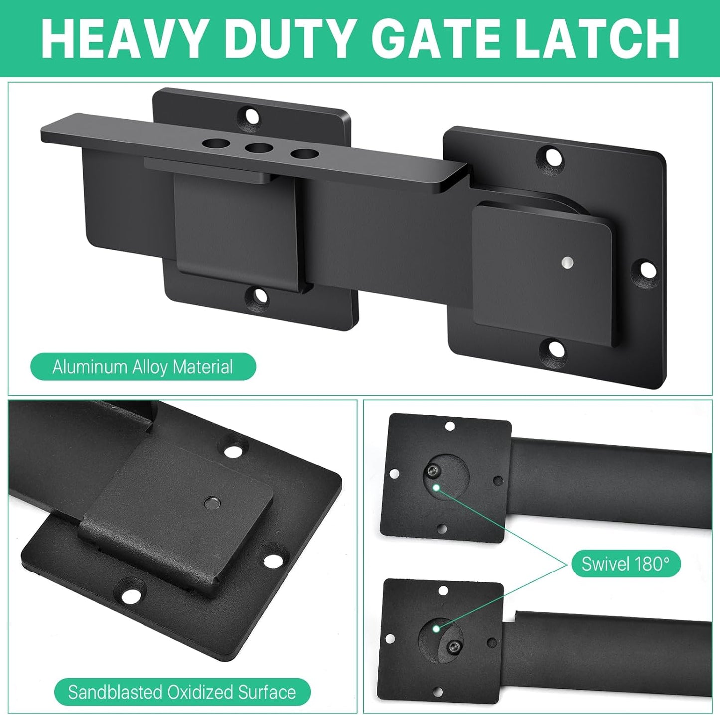 9" Flip Gate Latch Lock with 3 Padlock Hole, Heavy Duty Aluminum Alloy Barn Door Lock - Adjustable Gate Latch for Outdoor Fence, Shed, Garage - Double Sliding Swing Gate - Black