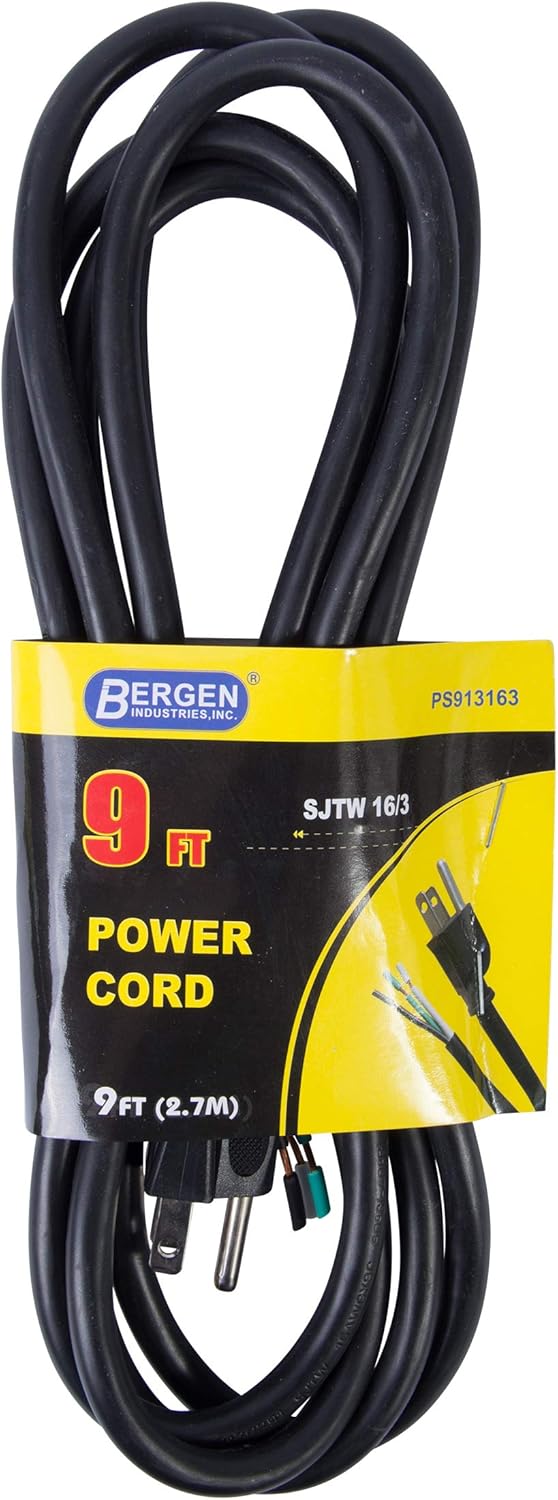 9 ft 16 AWG 3-Wire Appliance & Power Tool Cord 13A/125V AC 1625w Black - Bergen Industries Inc PS913163