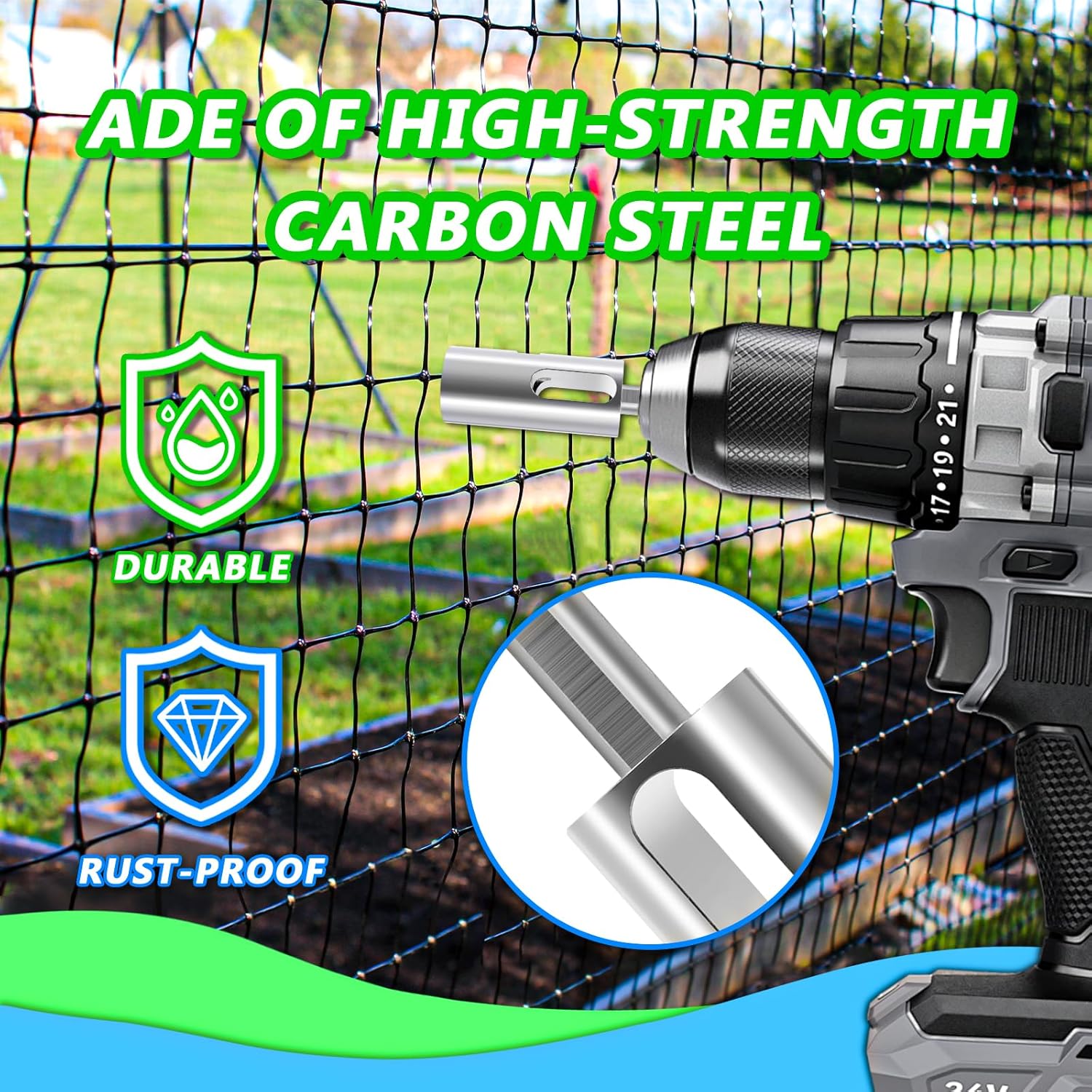 9 Gauge Drill Chuck Tool for Quick Chain Link Fence Construction & Repairs - EZ Twist Ties Compatible with 3/8" Power Drills