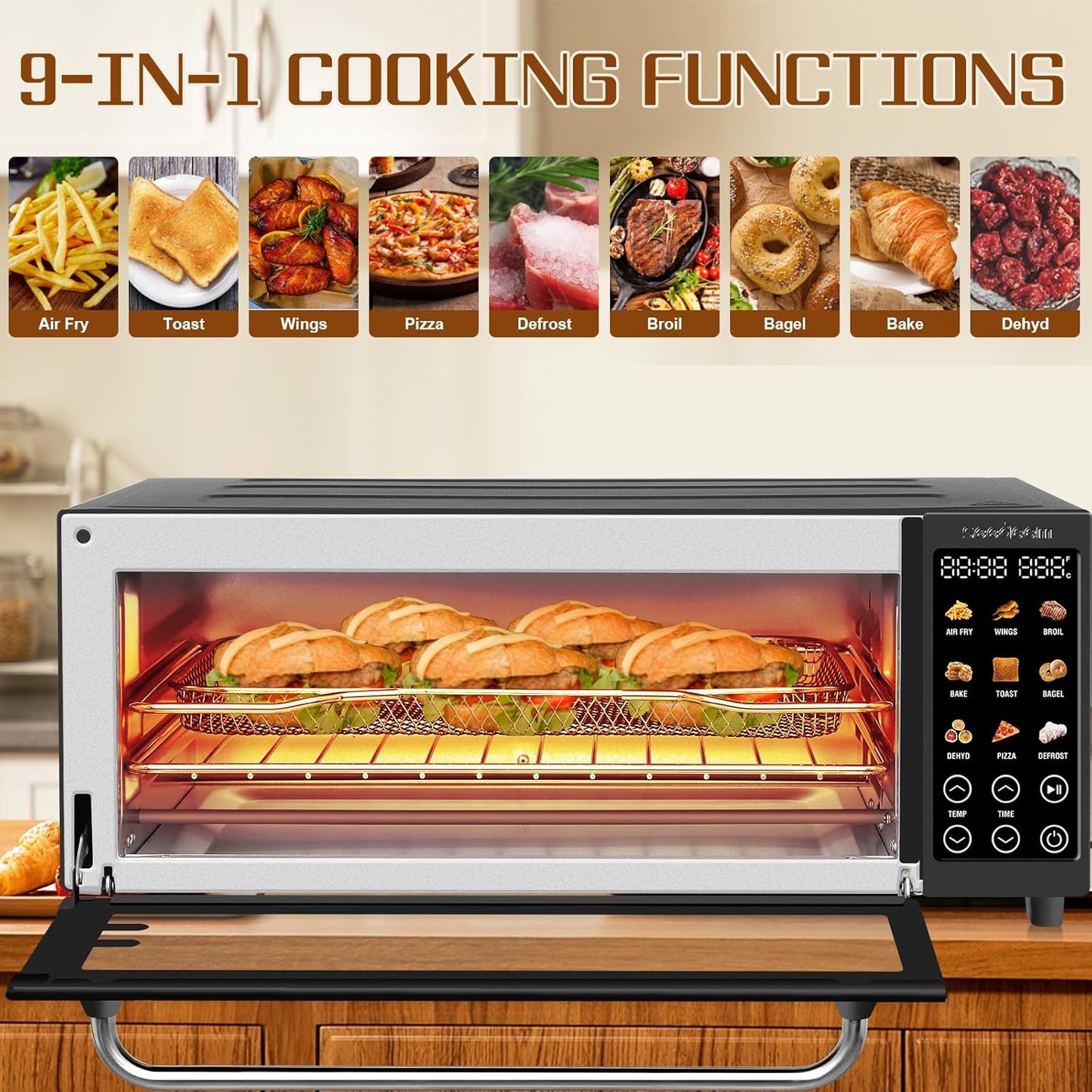 9-in-1 Air Fryer Oven with Toaster & Dehydrator, Large 16-Quart Capacity in Pink, Silver, Black