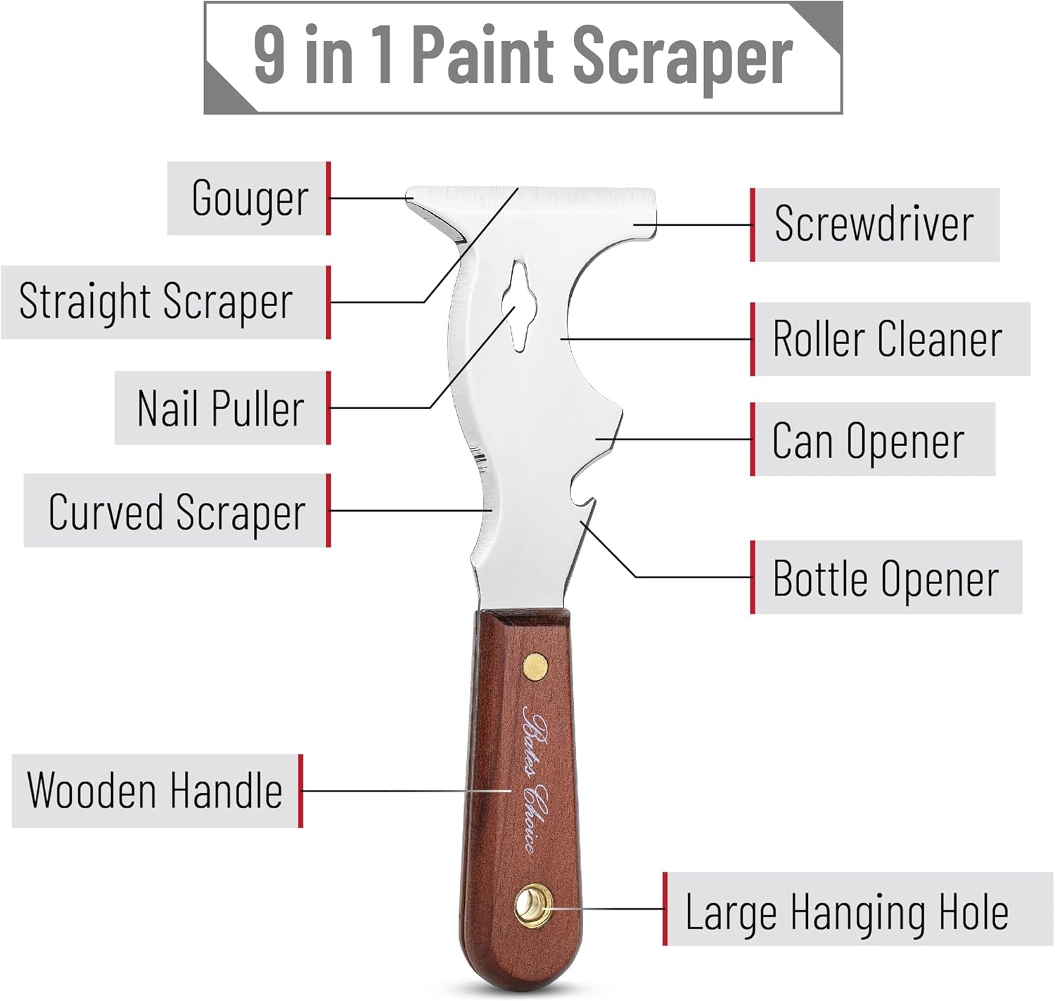 9-in-1 Paint Scraper Tool with Mahogany Handle for Wood and Painting - Metal Spackle Knife and Putty Scraper