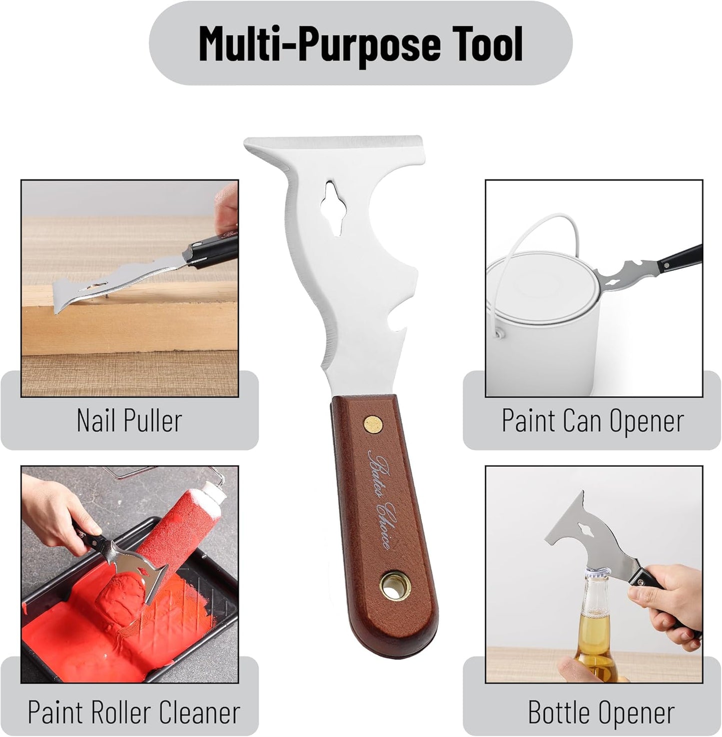 9-in-1 Paint Scraper Tool with Mahogany Handle for Wood and Painting - Metal Spackle Knife and Putty Scraper