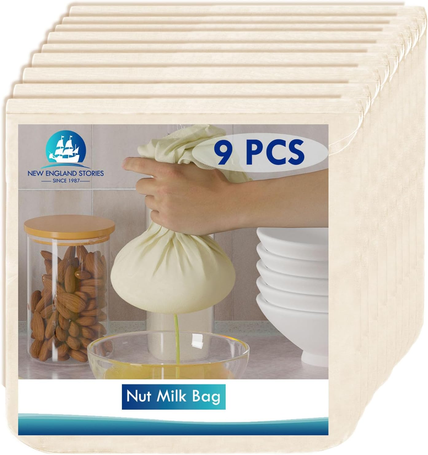 9 PCS 14x14 Inch Nut Milk Bags & Cheese Cloth for Straining Craft - 100% Cotton Unbleached Muslin Cloth Strainer for Cooking, Baking, Juicing & Cheese Making - New England Stories