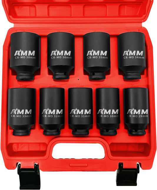 9-Piece 1/2" Drive Deep Impact Socket Set for Metric Spindle Axle Nuts, 6-Point, CR-MO, Sizes 29mm-38mm