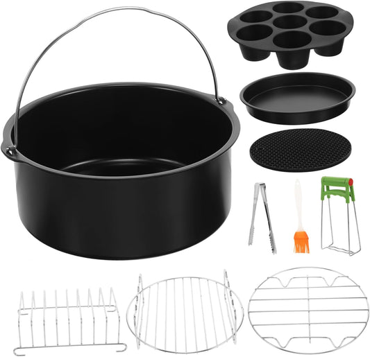 9-Piece Air Fryer Pizza Oven Accessories Set - Non-Stick Skillets, Frying Pan, Egg Steamer Rack, Stainless Steel Clip