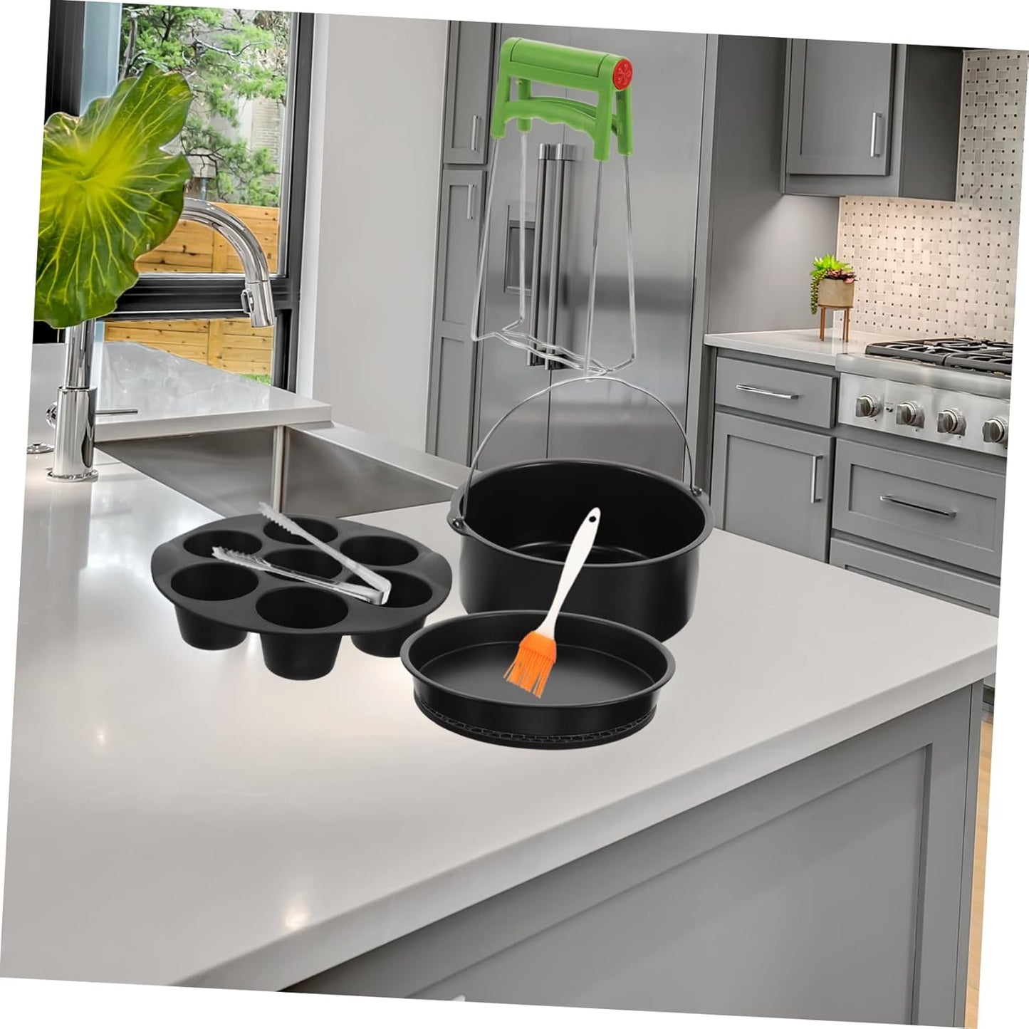 9-Piece Air Fryer Pizza Oven Accessories Set - Non-Stick Skillets, Frying Pan, Egg Steamer Rack, Stainless Steel Clip