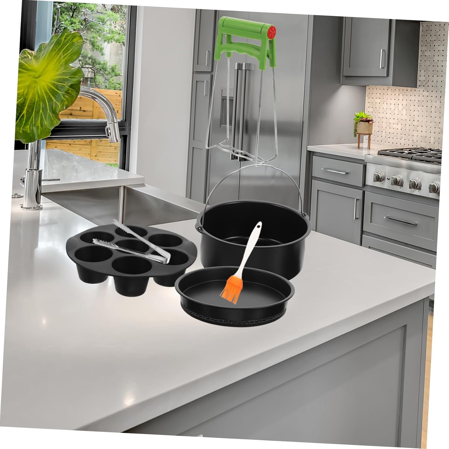 9-Piece Air Fryer Pizza Oven Accessories Set - Non-Stick Skillets, Frying Pan, Egg Steamer Rack, Stainless Steel Clip