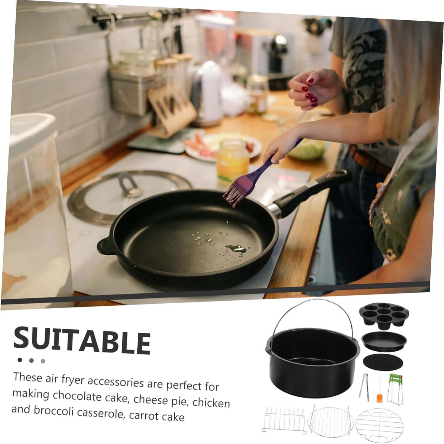 9-Piece Air Fryer Pizza Oven Accessories Set - Non-Stick Skillets, Frying Pan, Egg Steamer Rack, Stainless Steel Clip