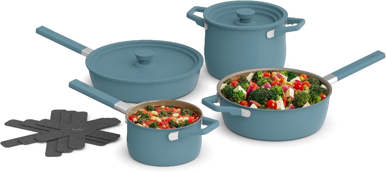 9-Piece Bella StoreMore Cookware Set with EverGood Ceramic Nonstick Coating - Safe for Dishwasher, Oven, All Stovetops - Stackable Design, Cool Touch Handles - Surf