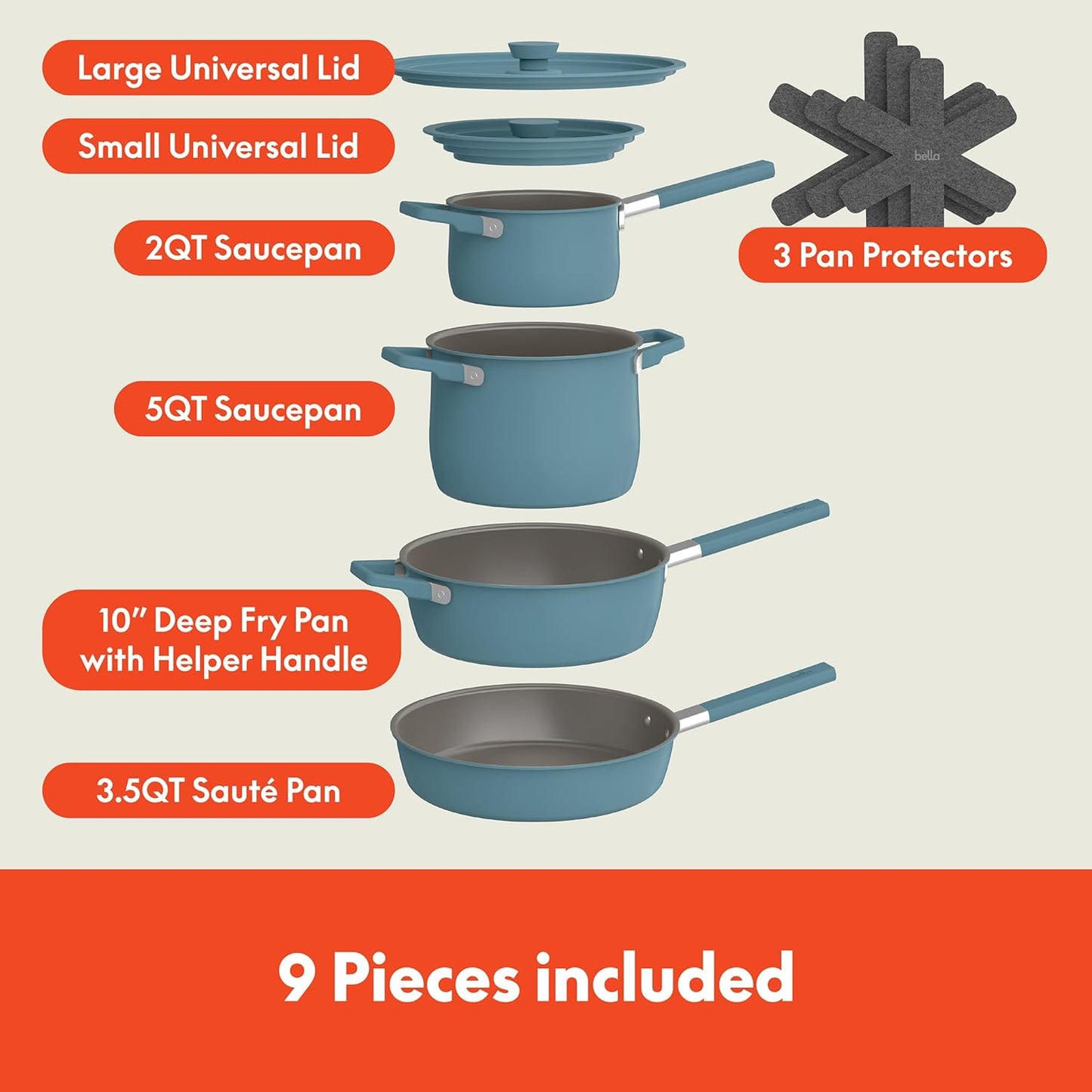 9-Piece Bella StoreMore Cookware Set with EverGood Ceramic Nonstick Coating - Safe for Dishwasher, Oven, All Stovetops - Stackable Design, Cool Touch Handles - Surf