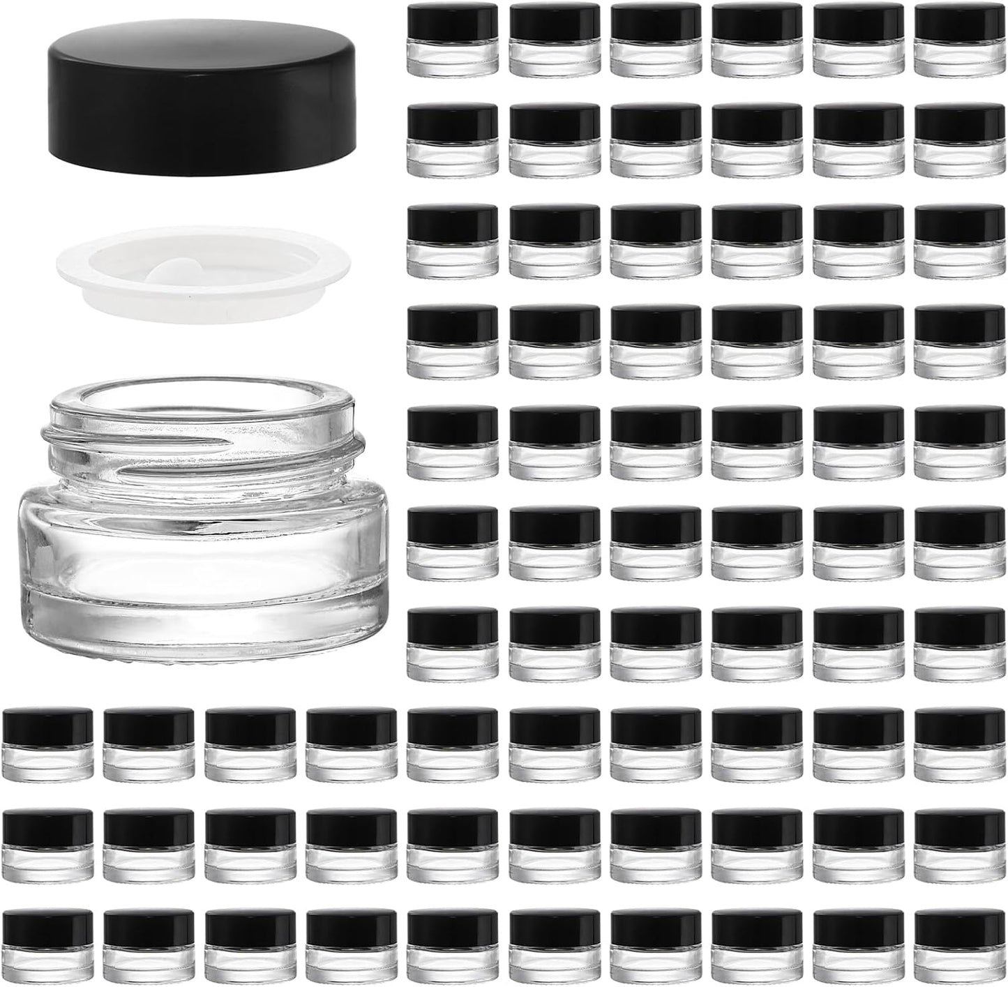 90 Pack 5ml Empty Glass Jars with Black Lid - Refillable Airtight Cosmetics Container for Samples, Skincare, and Travel