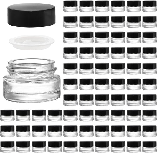 90 Pack 5ml Empty Glass Jars with Black Lid - Refillable Airtight Cosmetics Container for Samples, Skincare, and Travel