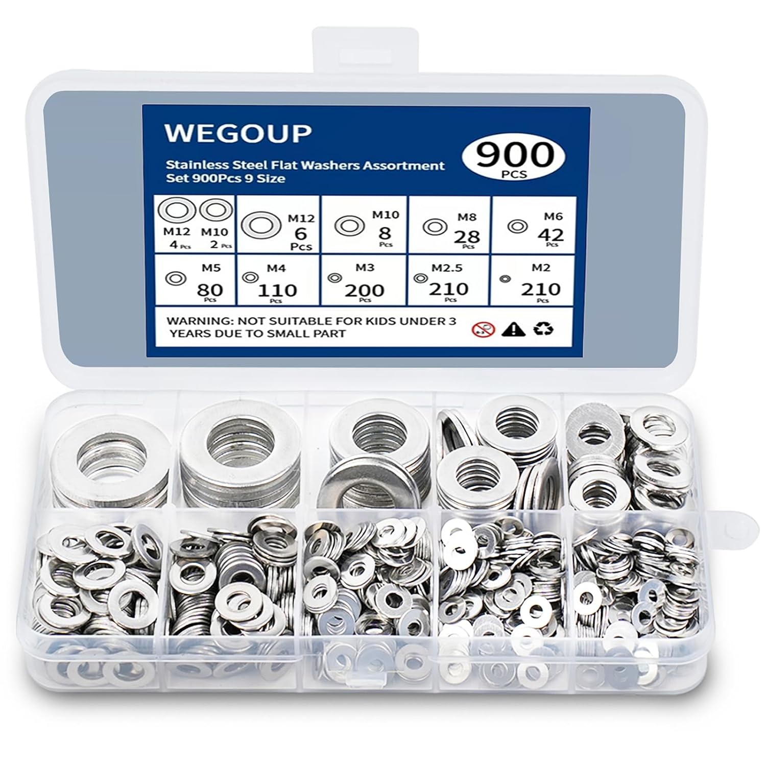 900 Piece Stainless Steel Flat Washers Kit - 304 Stainless Steel Assorted Sizes (M2-M12) for Industrial Use with Screws and Bolts - WildKart