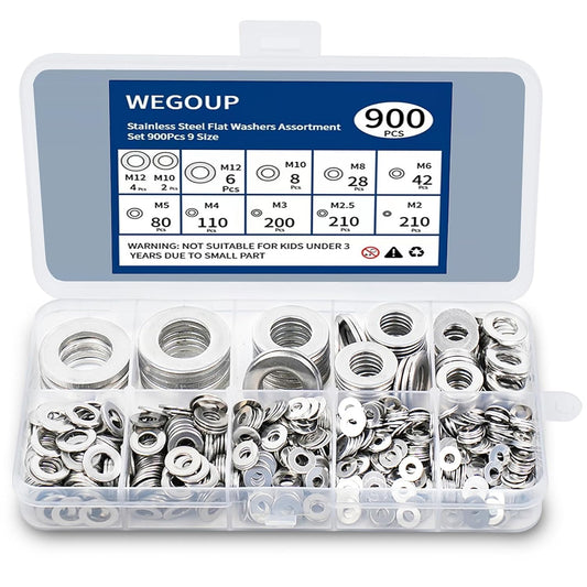 900 Piece Stainless Steel Flat Washers Kit - 304 Stainless Steel Assorted Sizes (M2-M12) for Industrial Use with Screws and Bolts - WildKart