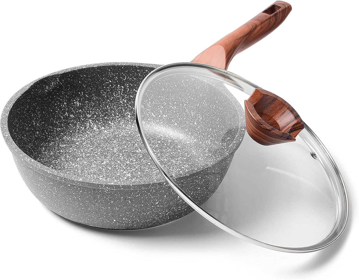 9.5 Inch Deep Nonstick Stone Frying Pan with Lid - Induction Compatible - Soft Touch Handle - Best Omelette Skillet Fry Pan