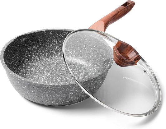 9.5 Inch Deep Nonstick Stone Frying Pan with Lid - Induction Compatible - Soft Touch Handle - Best Omelette Skillet Fry Pan