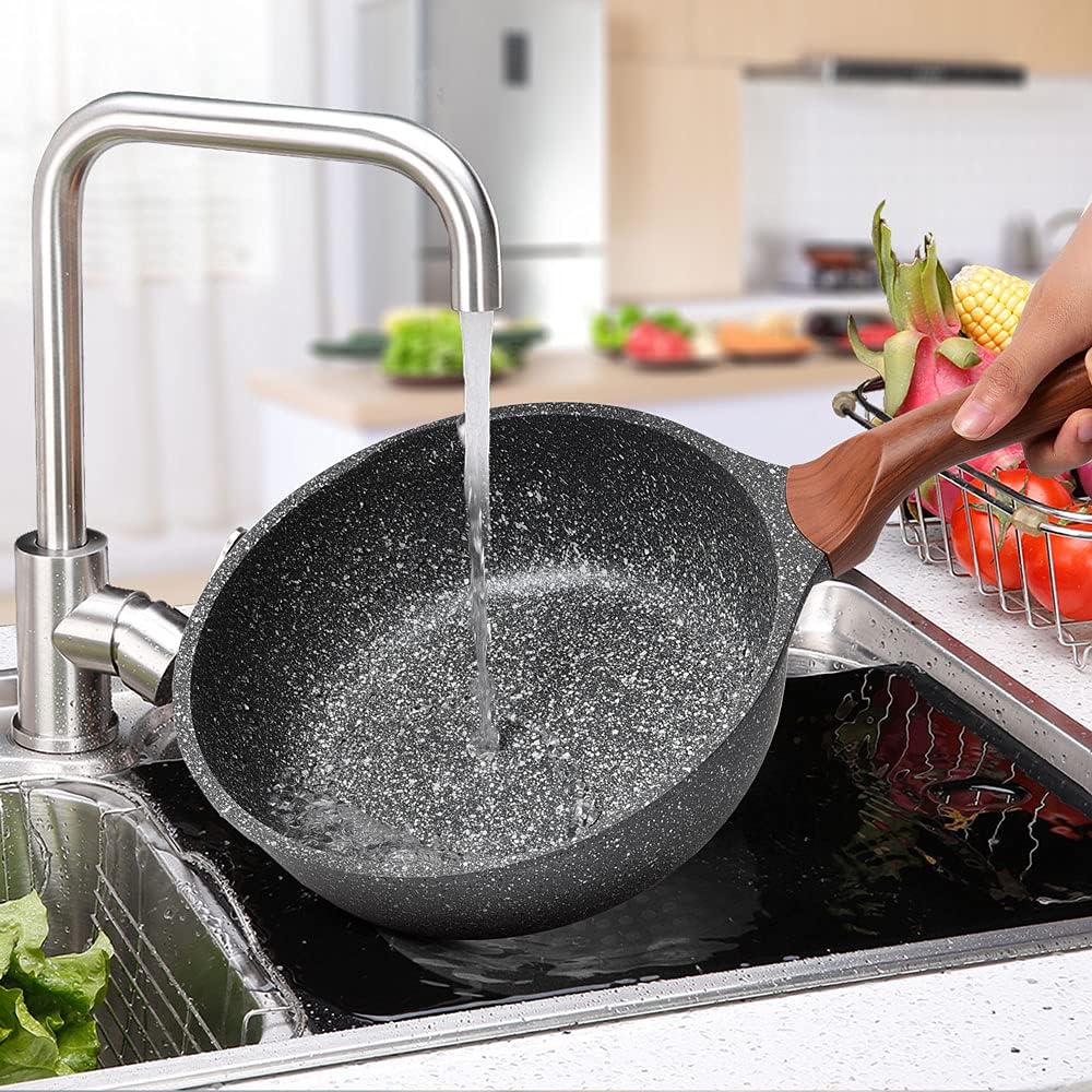 9.5 Inch Deep Nonstick Stone Frying Pan with Lid - Induction Compatible - Soft Touch Handle - Best Omelette Skillet Fry Pan