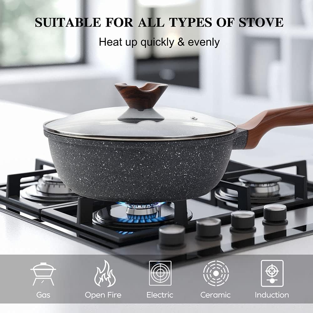 9.5 Inch Deep Nonstick Stone Frying Pan with Lid - Induction Compatible - Soft Touch Handle - Best Omelette Skillet Fry Pan