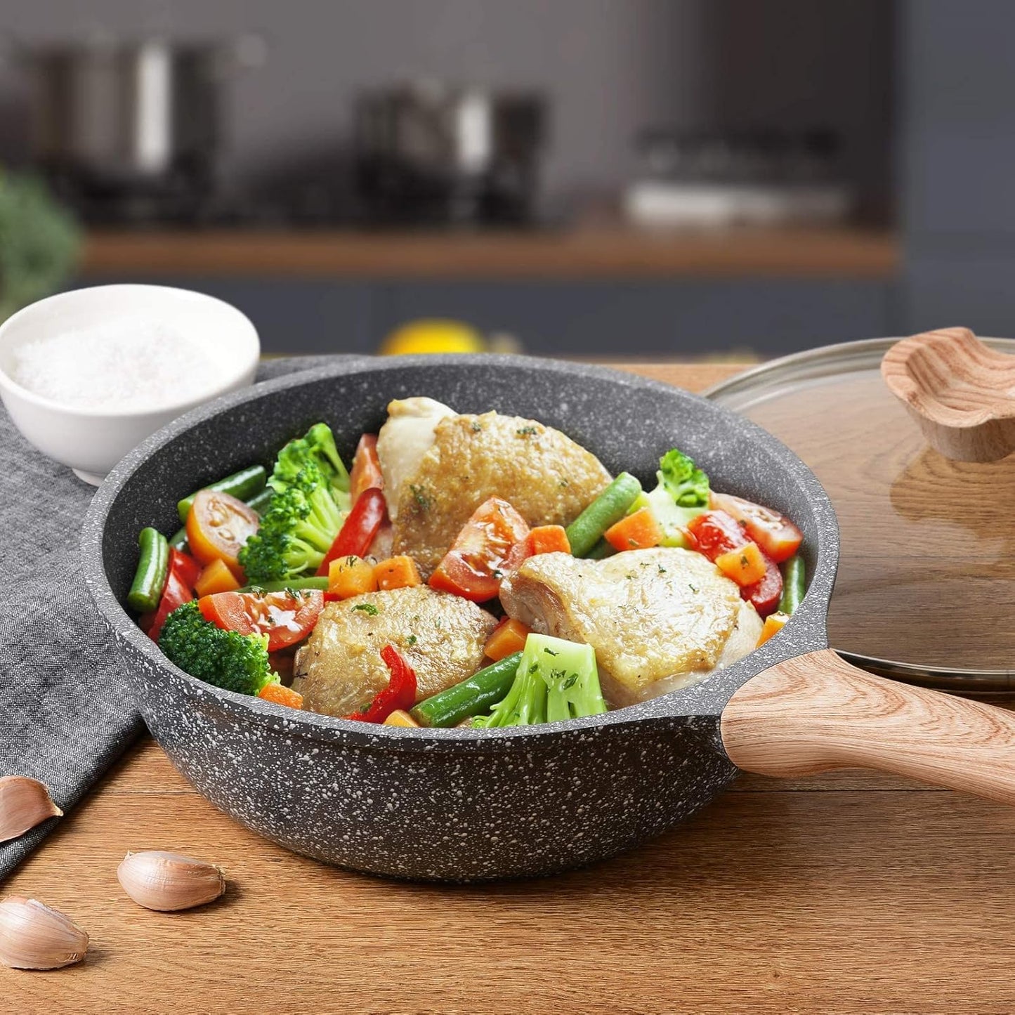 9.5 Inch Deep Nonstick Stone Frying Pan with Lid - Induction Compatible - Soft Touch Handle - Best Omelette Skillet Fry Pan