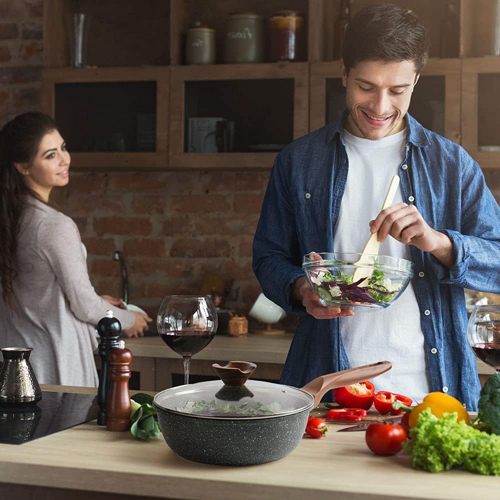 9.5 Inch Deep Nonstick Stone Frying Pan with Lid - Induction Compatible - Soft Touch Handle - Best Omelette Skillet Fry Pan