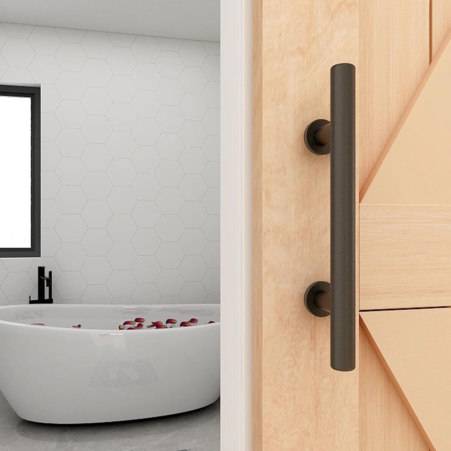 9.5" Modern Sliding Barn Door Pull Handle Set with Flush Hardware in Black Powder Coated Finish - Heavy Duty Anti-Rust Design