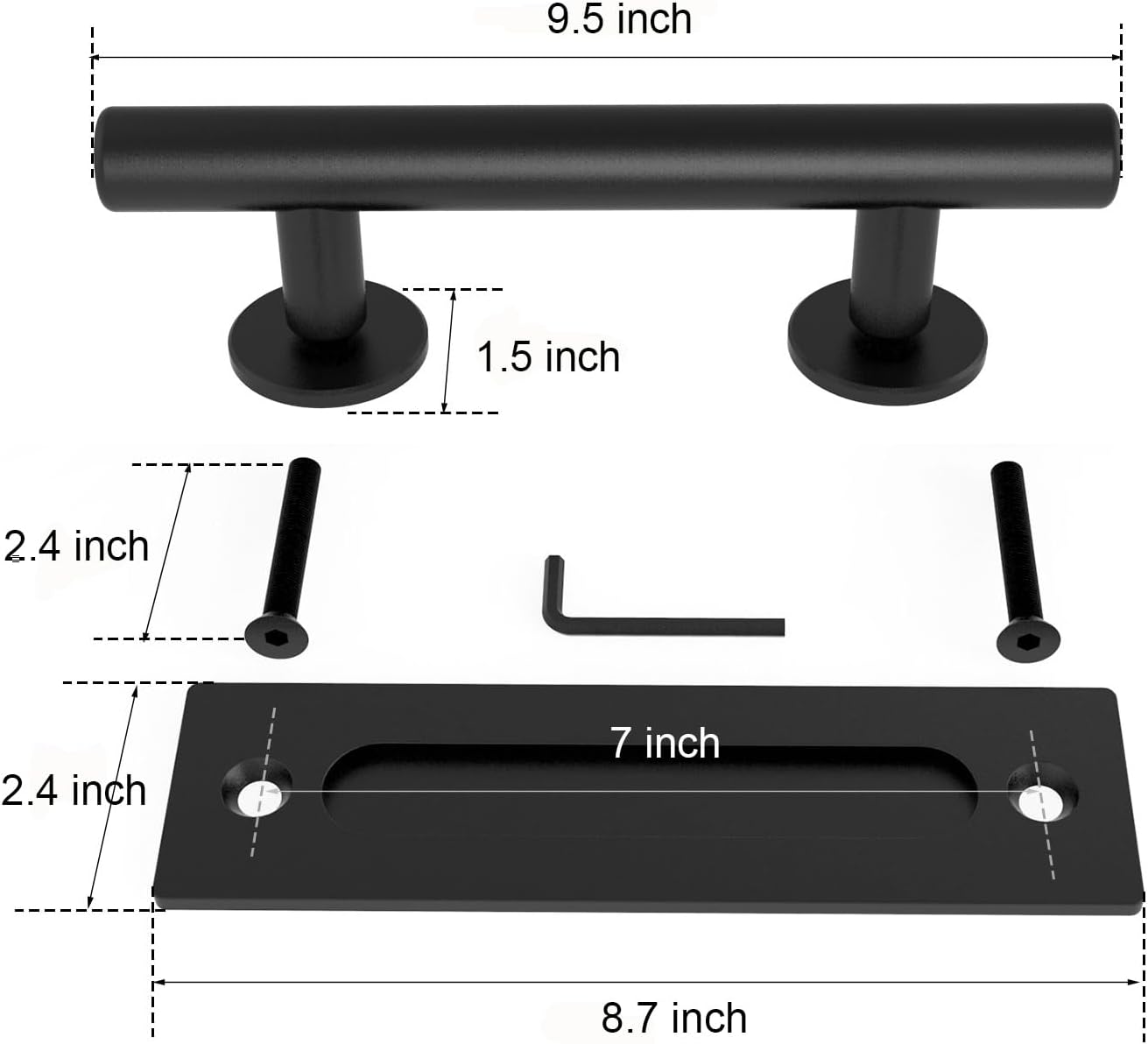 9.5" Modern Sliding Barn Door Pull Handle Set with Flush Hardware in Black Powder Coated Finish - Heavy Duty Anti-Rust Design