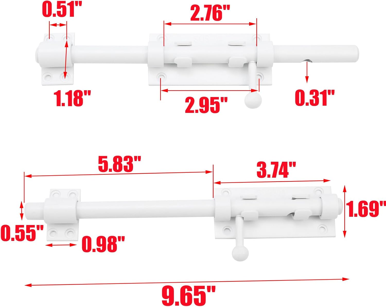 9.65" Heavy Duty Stainless Steel Slide Bolt Gate Latch with Padlock Hole - White Barrel Bolt Lock for Barn, Yard, Fence, Shed