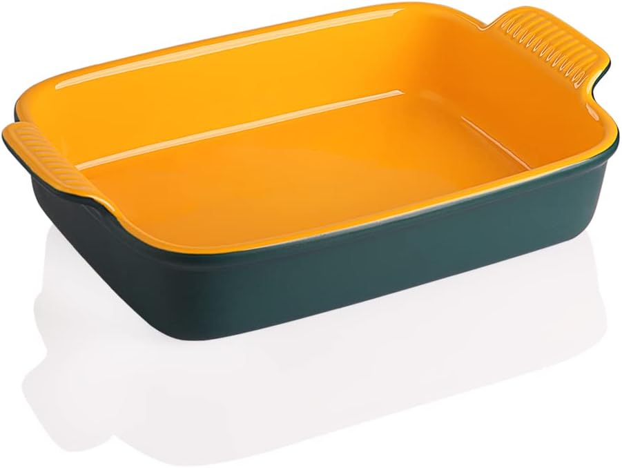 9x13 Inch Rectangular Ceramic Baking Dish with Handles for Oven - Deep Lasagna Pan - Blue&Yellow Casserole Bakeware for Cooking