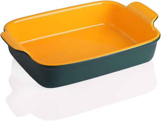 9x13 Inch Rectangular Ceramic Baking Dish with Handles for Oven - Deep Lasagna Pan - Blue&Yellow Casserole Bakeware for Cooking
